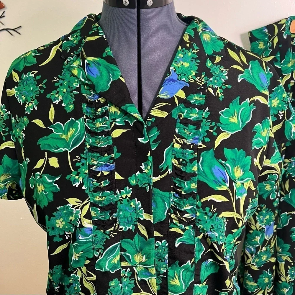 Vintage Sag Harbor Women's Size 16 Skirt Set Black Green Blue Tropical Floral